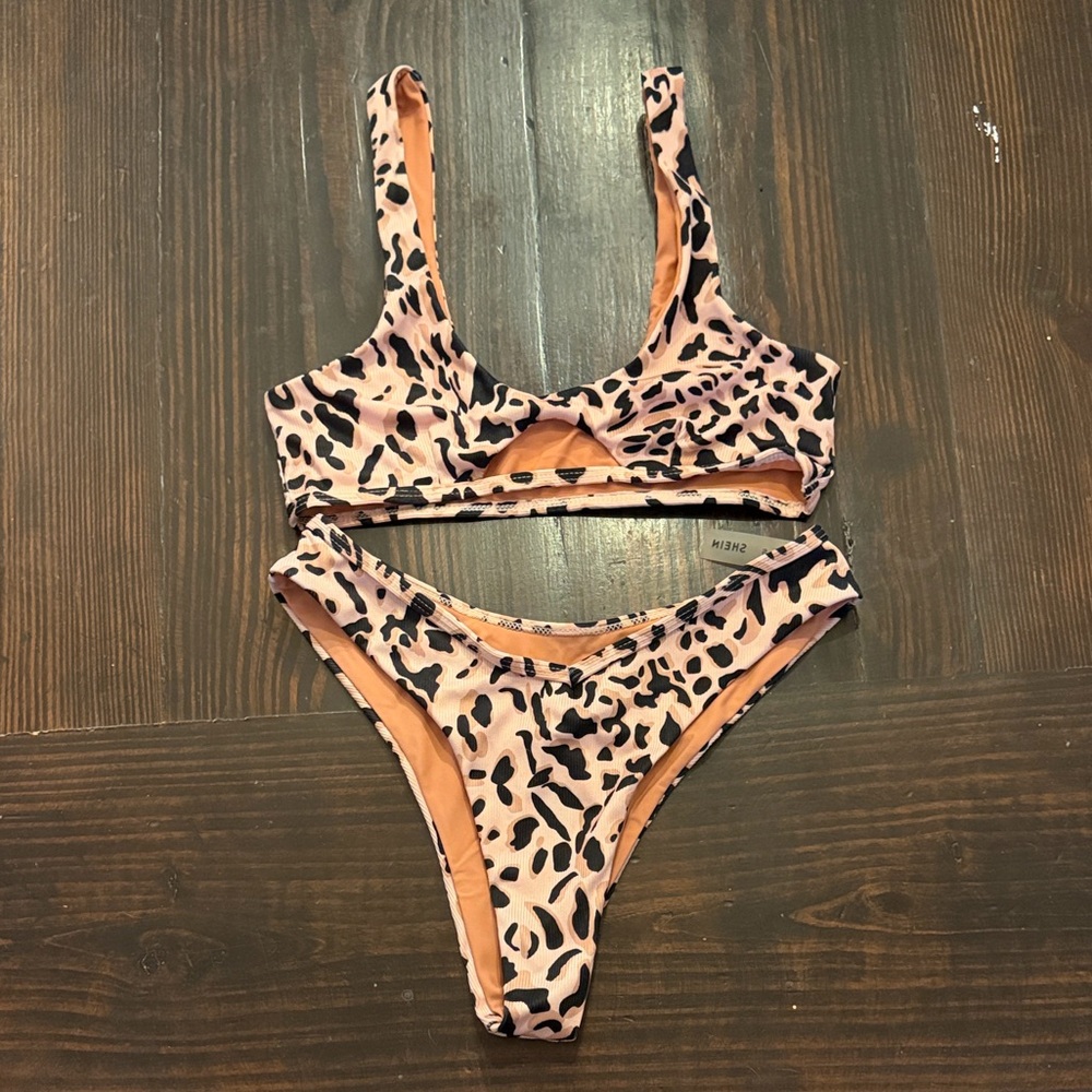 SHEIN Beige and Black Leopard Print Bikini Set Small